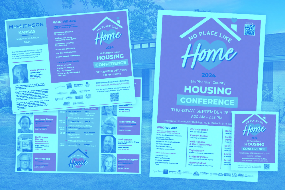Marketing materials for the McPherson Kansas 'No Place Like Home' housing conference for 2024, a continuation from 2 prior years.